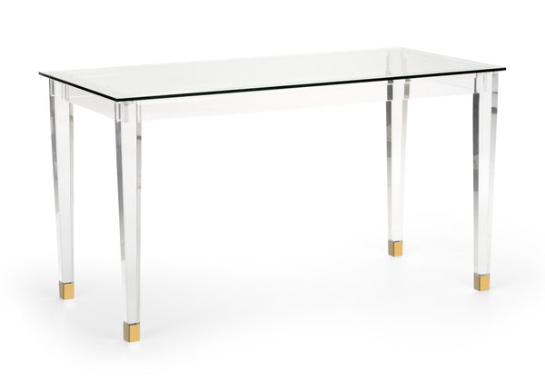 Chelsea House Acrylic Denver Desk — Tempered Glass Top, Brass Accents, Transparent Modern Workspace, 54"W X 29"H 384967