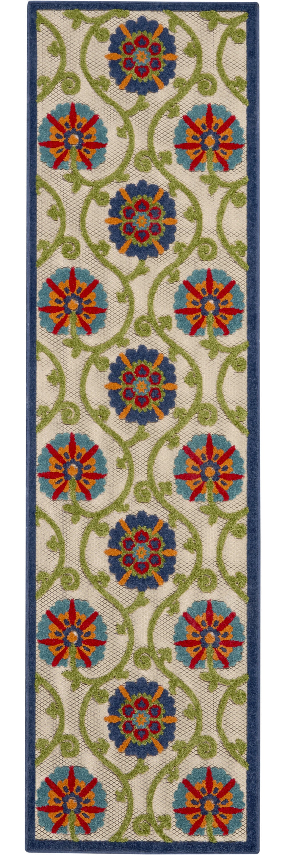 Homeroots 2' X 10' Ivory And Blue Floral Indoor Outdoor Area Rug  Polypropylene 384969