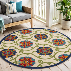 HomeRoots 5' Ivory and Blue Round Area Rug – Durable, Weather-Resistant Floral Design for Indoor and Outdoor Use 5? 384974