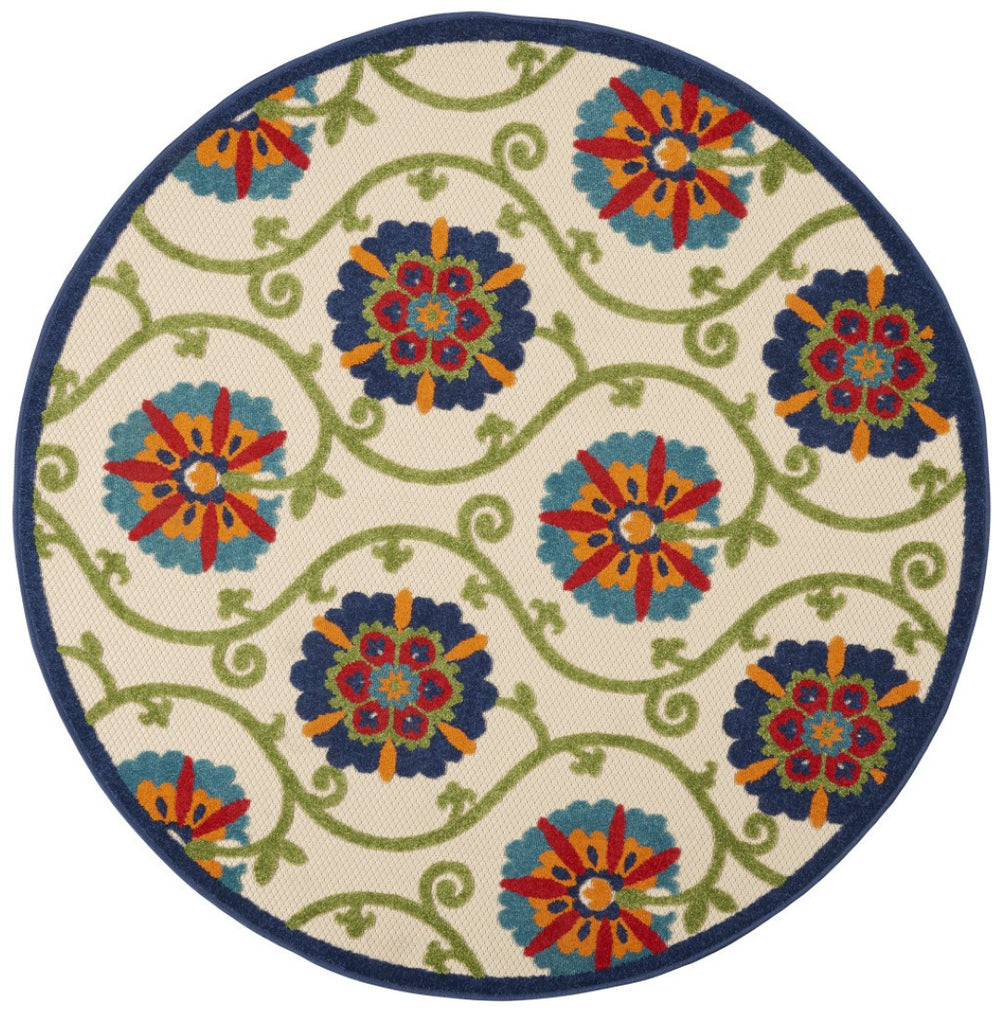 HomeRoots 5' Ivory and Blue Round Area Rug – Durable, Weather-Resistant Floral Design for Indoor and Outdoor Use 5? 384974