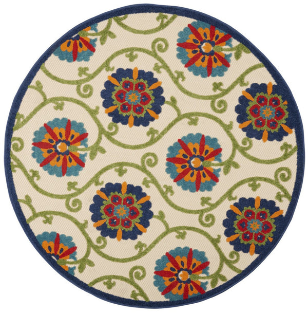 HomeRoots 5' Ivory and Blue Round Area Rug – Durable, Weather-Resistant Floral Design for Indoor and Outdoor Use 5? 384974