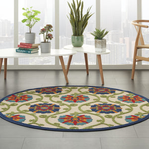 HomeRoots 5' Ivory and Blue Round Area Rug – Durable, Weather-Resistant Floral Design for Indoor and Outdoor Use 5? 384974