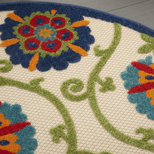 HomeRoots 5' Ivory and Blue Round Area Rug – Durable, Weather-Resistant Floral Design for Indoor and Outdoor Use 5? 384974