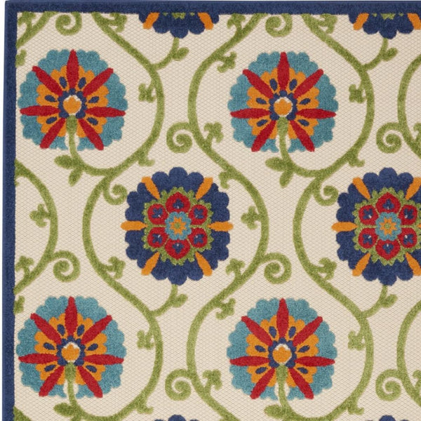 HomeRoots 5' Elegant Ivory and Blue Round Indoor-Outdoor Area Rug with Timeless Floral Design and Durability 7?x10? 384976