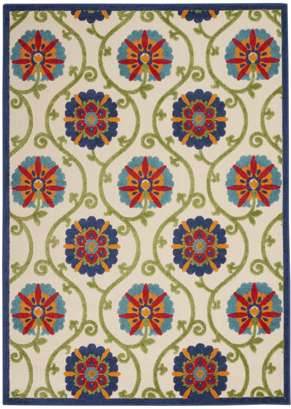 HomeRoots 5' Elegant Ivory and Blue Round Indoor-Outdoor Area Rug with Timeless Floral Design and Durability 7?x10? 384976