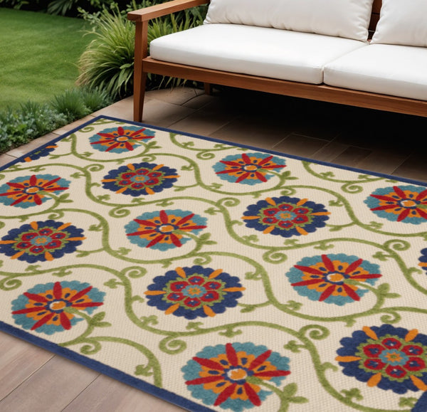 HomeRoots 8' Elegant Ivory and Blue Indoor Outdoor Area Rug with Timeless Floral Design for Any Space 8?x11? 384977