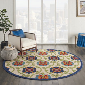 HomeRoots 5' Elegant Ivory and Blue Round Indoor-Outdoor Area Rug with Timeless Floral Design and Durability 8? 384978