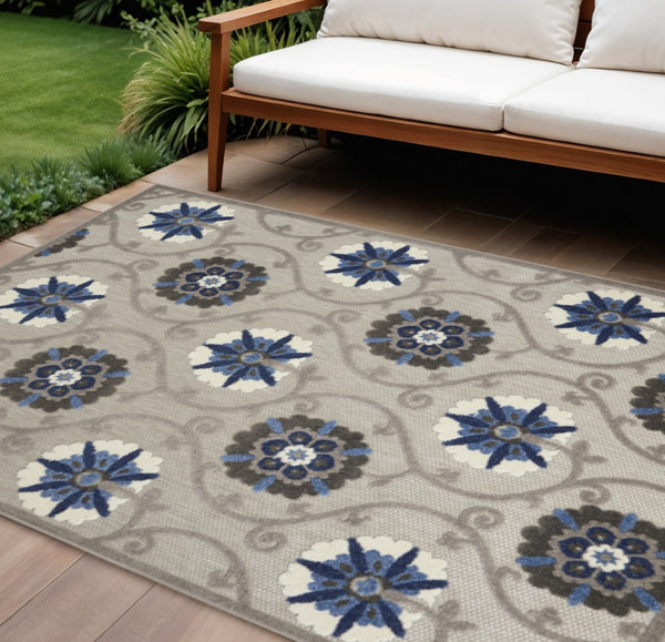 HomeRoots 8' Elegant Ivory and Blue Indoor Outdoor Area Rug with Timeless Floral Design for Any Space 8?x11? 384985