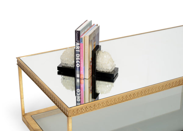 Chelsea House Copas Honeycomb Cocktail Table In Metallic Satin Gold With Mirrored Top & Glass Shelf, 59.5" Wide 384988