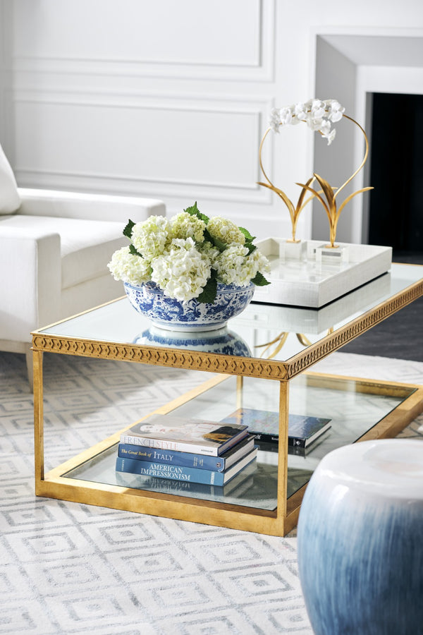 Chelsea House Copas Honeycomb Cocktail Table In Metallic Satin Gold With Mirrored Top & Glass Shelf, 59.5" Wide 384988