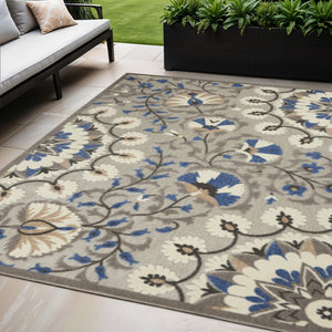 HomeRoots 5' Blue and Gray Floral Indoor Outdoor Area Rug - Timeless Elegance for Any Space, Easy Care 5' X 7' 384988