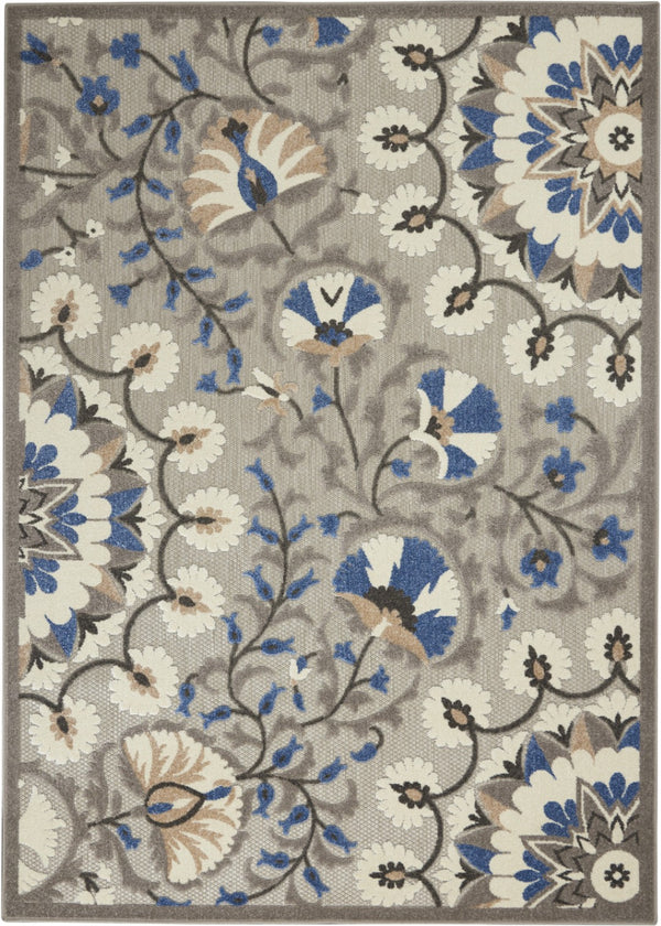 HomeRoots 5' Blue and Gray Floral Indoor Outdoor Area Rug - Timeless Elegance for Any Space, Easy Care 5' X 7' 384988