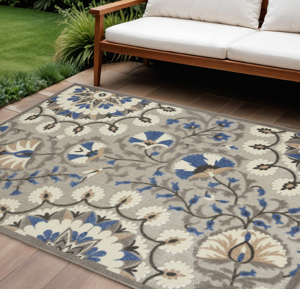 HomeRoots 8' Elegant Ivory and Blue Indoor Outdoor Area Rug with Timeless Floral Design for Any Space 8' X 11' 384989