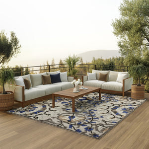 HomeRoots 8' Elegant Ivory and Blue Indoor Outdoor Area Rug with Timeless Floral Design for Any Space 8' X 11' 384989