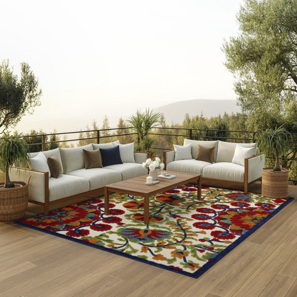 HomeRoots 6' Timeless Red and Ivory Floral Area Rug for Indoor and Outdoor Elegance - Easy Care & Durable 6' x 9' 384995