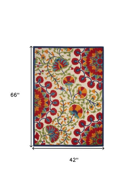 Homeroots 4' Captivating Red And Ivory Floral Indoor-outdoor Area Rug For Stylish Living Spaces And Patios 4' X 6' Polypropylene 384997