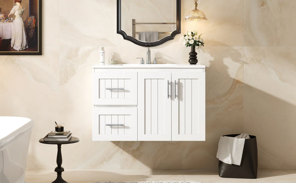 English Elm 36'' Wall Mounted Bathroom Vanity with Ceramic Sink, Solid Wood & MDF Floating Cabinet with Drawers White N710P293299K