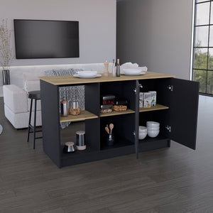 English Elm Kitchen Island With Ample Countertop, Open Shelves & Double Door Storage – Sleek Black & Macadamia B097S00185