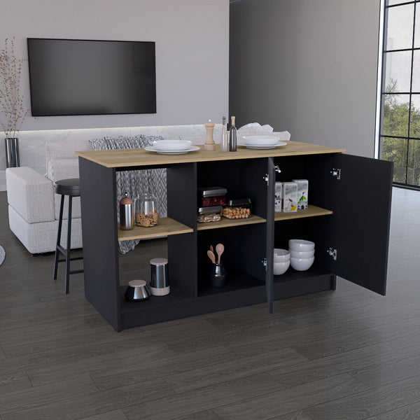 English Elm Kitchen Island With Ample Countertop, Open Shelves & Double Door Storage – Sleek Black & Macadamia B097S00185