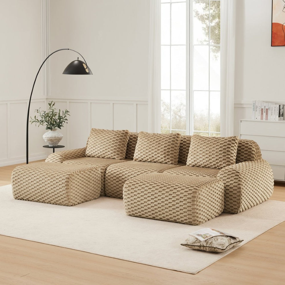 English Elm 114" U-shaped Modular Sectional Flannelette Sofa Oversized Lounge with Movable Ottoman Light Camel W714S01513