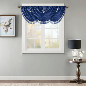JLA Home Madison Park - Faux Lustrous Silk Waterfall Valance with Tassel Trim, OEKO-TEX Certified Draped Accent for Windows Navy MP41-7411