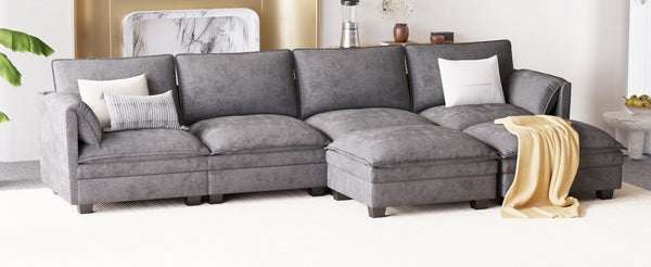 English Elm 141.5'' Modern U-Shaped 6-Seater Sofa Couch With Movable Ottoman & Armrest Pockets For Versatile Living W680S00043