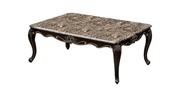 English Elm Transitional Ornate Marble-Top Coffee Table 48"W x 28"D Dark Walnut with Gold Accents & Cabriole Legs B2741P378467