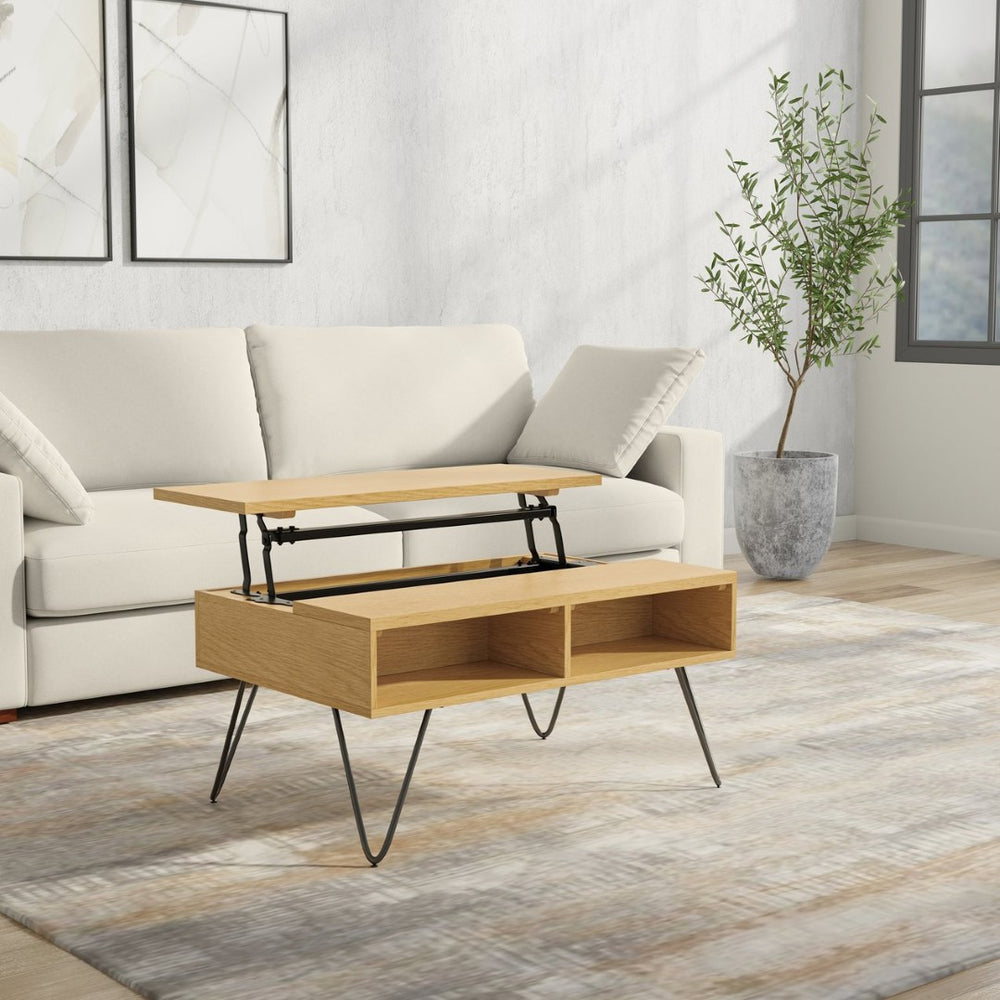English Elm Hunter Solid Oak Lift Top Coffee Table with Hidden Storage and Iron Hairpin Legs B136P429091