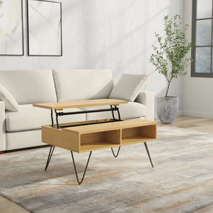 English Elm Hunter Solid Oak Lift Top Coffee Table with Hidden Storage and Iron Hairpin Legs B136P429091