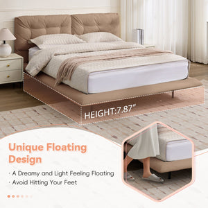 English Elm Christopher Knight Home® - Queen Plush Leather Upholstered Bed Frame with Wingback Headboard, Wavy Footboard, Quiet Support khaki 37.59 L x 32.25 W x 13 H N761S0000022M