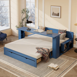 English Elm Queen Daybed with Hydraulic Desk Storage Drawers and Convertible Sofa for Small Spaces Blue LT000272AAC