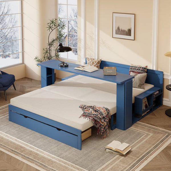 English Elm Queen Daybed with Hydraulic Desk Storage Drawers and Convertible Sofa for Small Spaces Blue LT000272AAC