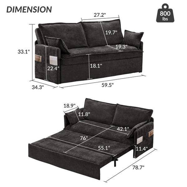 English Elm 59.5" Chenille Sleeper Sofa with Usb Charging Storage and Firm Foam Support W2606P301327