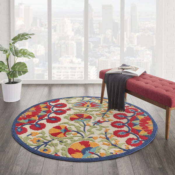HomeRoots 6' Timeless Red and Ivory Floral Area Rug for Indoor and Outdoor Elegance - Easy Care & Durable 5' Round 385000