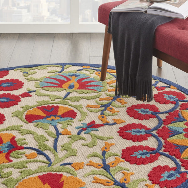 HomeRoots 6' Timeless Red and Ivory Floral Area Rug for Indoor and Outdoor Elegance - Easy Care & Durable 5' Round 385000