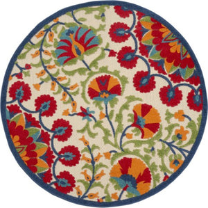Homeroots 4' Captivating Red And Ivory Floral Indoor-outdoor Area Rug For Stylish Living Spaces And Patios 5' Round Polypropylene 385000