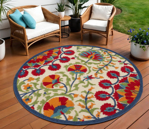 HomeRoots 6' Timeless Red and Ivory Floral Area Rug for Indoor and Outdoor Elegance - Easy Care & Durable 8' Round 385002
