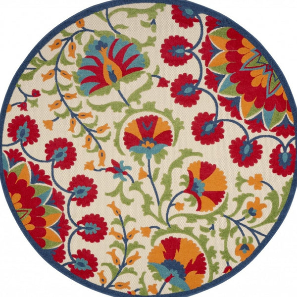 HomeRoots 6' Timeless Red and Ivory Floral Area Rug for Indoor and Outdoor Elegance - Easy Care & Durable 8' Round 385002