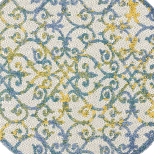 HomeRoots 5' Ivory and Blue Round Area Rug - Durable, Water-Resistant Design for Indoor and Outdoor Elegance 5? 385020