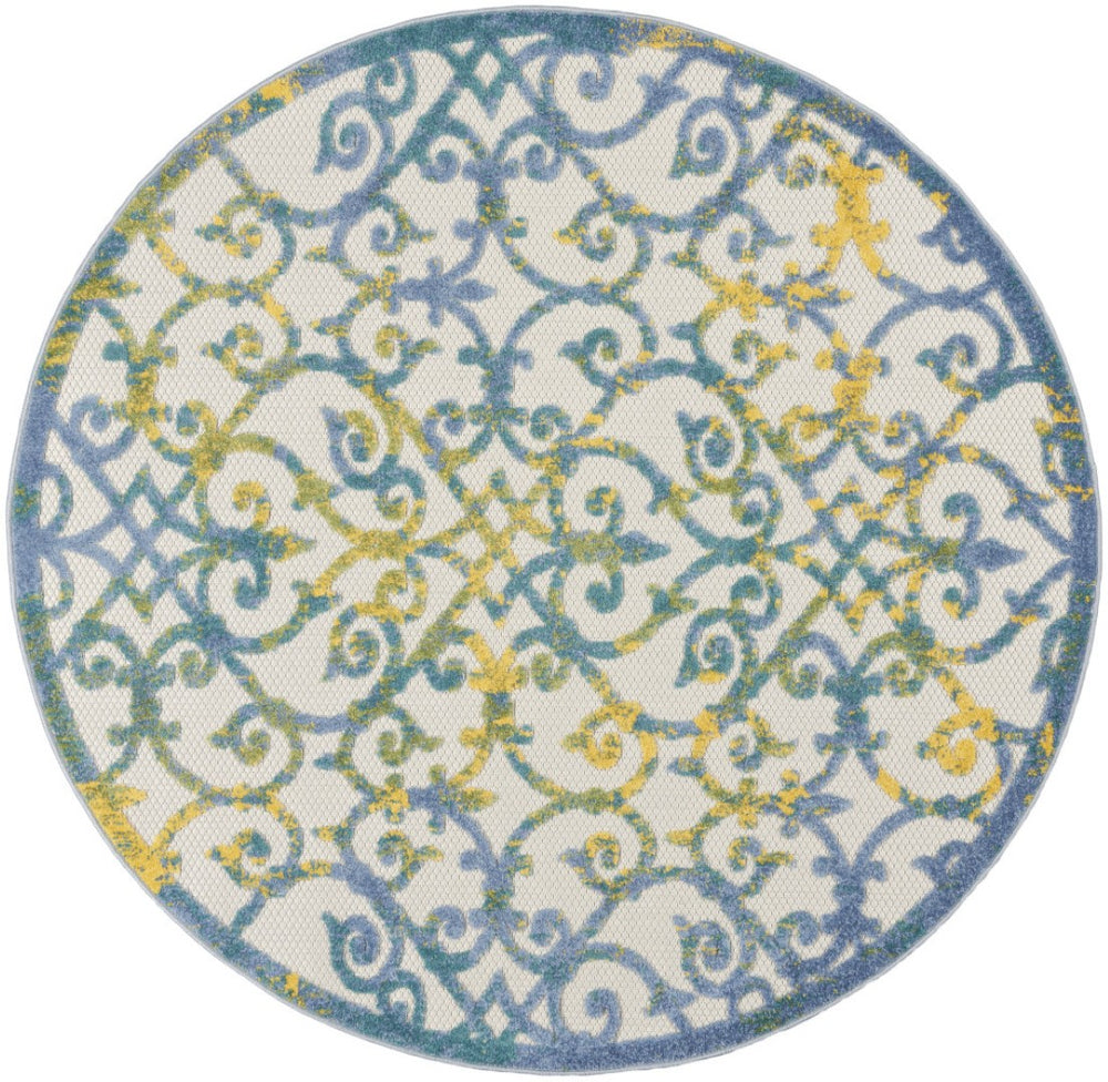 HomeRoots 5' Ivory and Blue Round Area Rug - Durable, Water-Resistant Design for Indoor and Outdoor Elegance 5? 385020