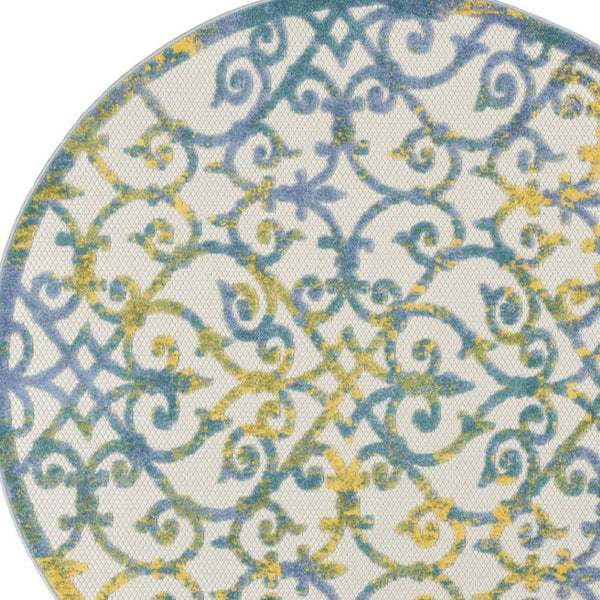 HomeRoots 5' Ivory and Blue Round Area Rug - Durable, Water-Resistant Design for Indoor and Outdoor Elegance 5? 385020
