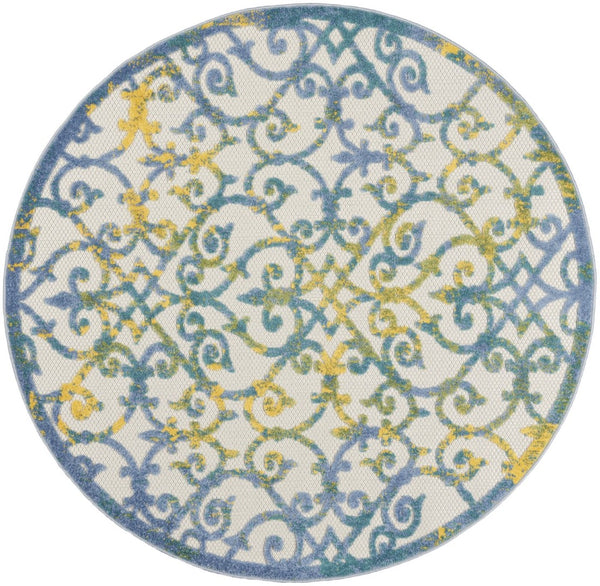 HomeRoots 5' Ivory and Blue Round Area Rug - Durable, Water-Resistant Design for Indoor and Outdoor Elegance 5? 385020