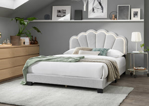English Elm White Queen Wool Fabric Platform Bed with Scalloped Tufted Headboard, LED Lighting, Fully Upholstered Elegance B011P238976