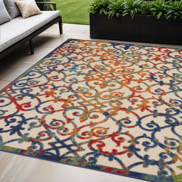 HomeRoots 5' Elegant Ivory and Blue Floral Area Rug for Indoor and Outdoor Spaces - Durable & Stylish Design 5' x 8' 385031