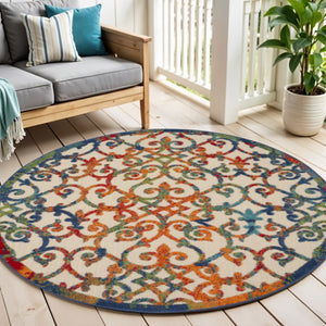 HomeRoots 5' Elegant Ivory and Blue Floral Area Rug for Indoor and Outdoor Spaces - Durable & Stylish Design 5' Round 385032