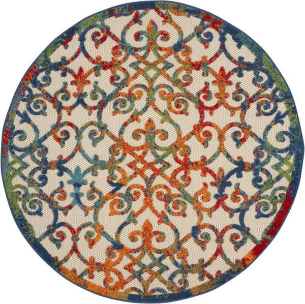 HomeRoots 5' Elegant Ivory and Blue Floral Area Rug for Indoor and Outdoor Spaces - Durable & Stylish Design 5' Round 385032
