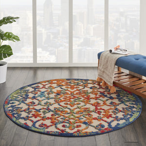 HomeRoots 5' Elegant Ivory and Blue Floral Area Rug for Indoor and Outdoor Spaces - Durable & Stylish Design 5' Round 385032