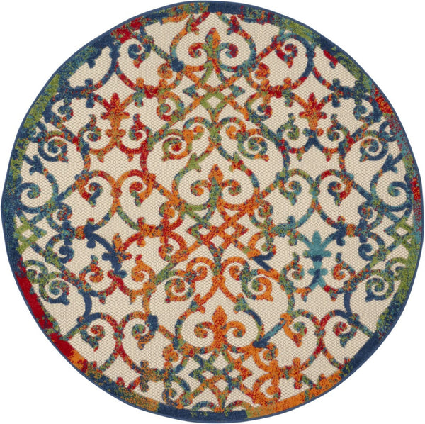 HomeRoots 5' Elegant Ivory and Blue Floral Area Rug for Indoor and Outdoor Spaces - Durable & Stylish Design 5' Round 385032