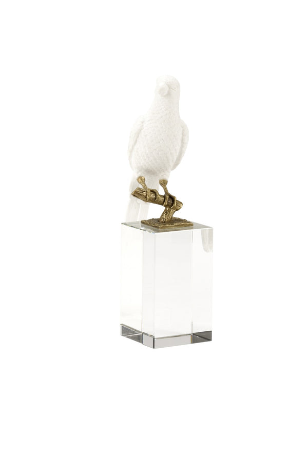 Chelsea House Parrot Matte White Ceramic Figurine On Clear Crystal Base With Antique Brass Accents, 10" Tall 385033