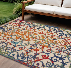HomeRoots 5' Elegant Ivory and Blue Floral Area Rug for Indoor and Outdoor Spaces - Durable & Stylish Design 6' x 9' 385033